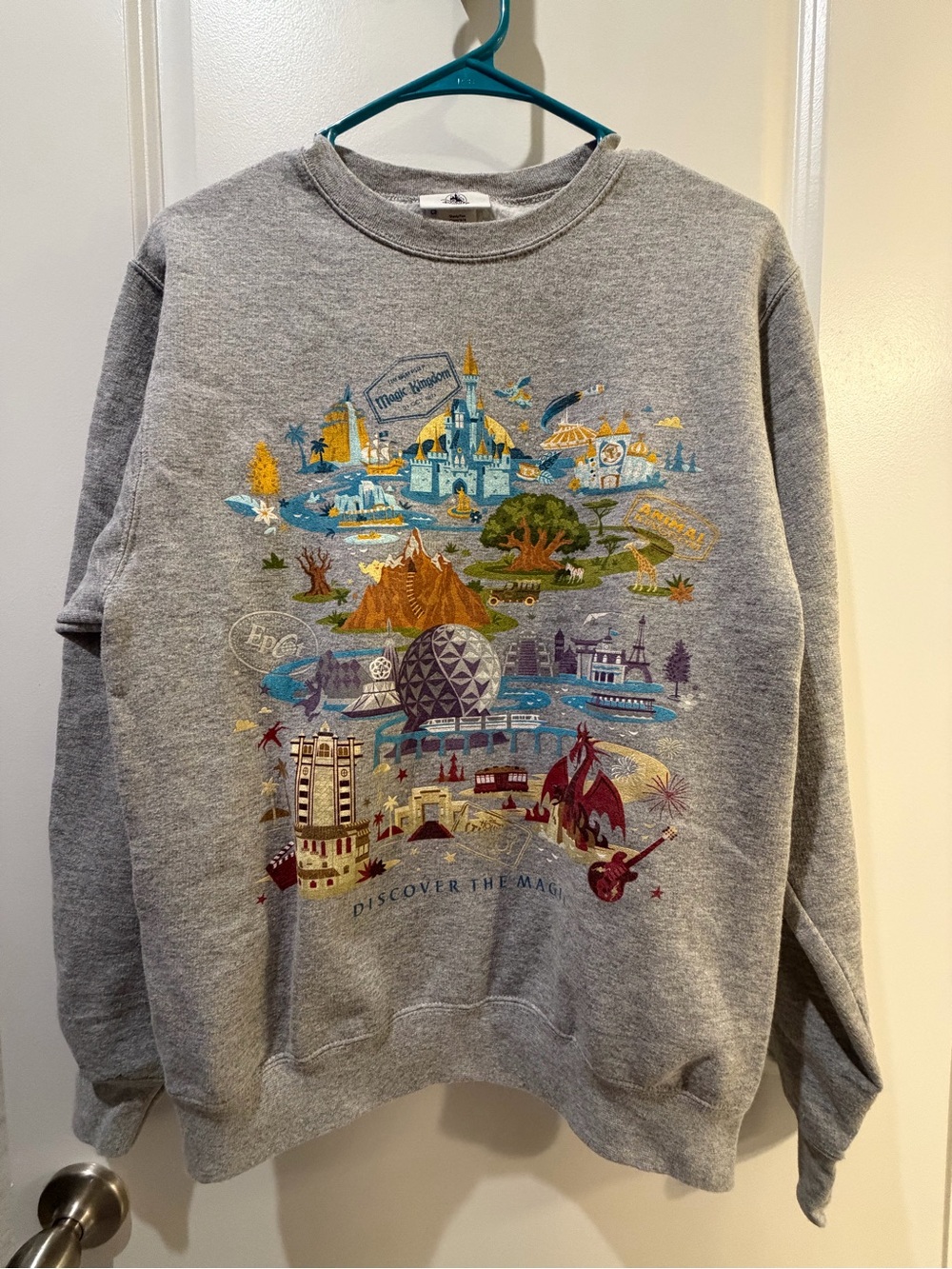 Disney Gray Crewneck Sweatshirt with Multicolor Theme-Park Print